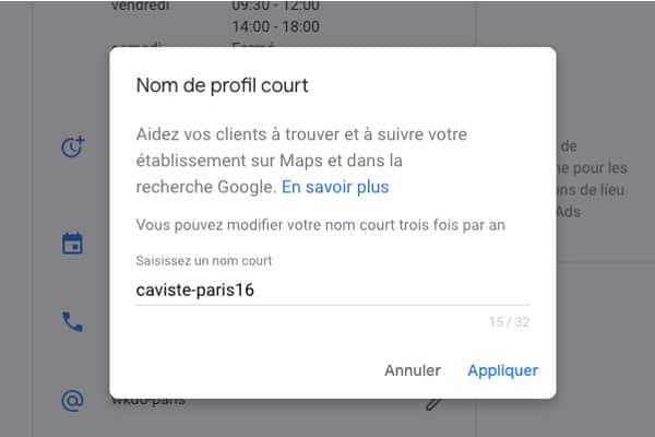 nom profil court google my business